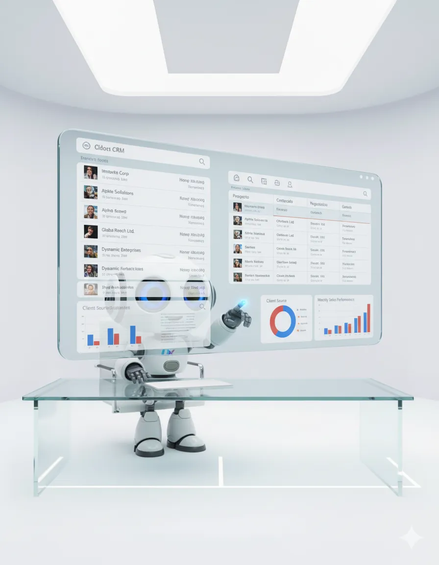 Robot UXWeb gestionando base de datos de clientes en sistema CRM