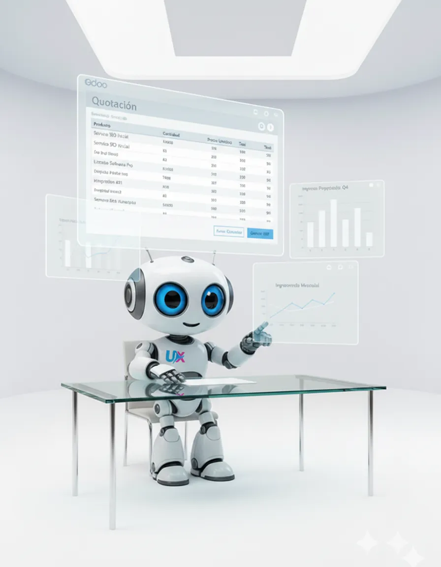 Robot UXWeb mostrando cotizaciones y reportes en Odoo CRM