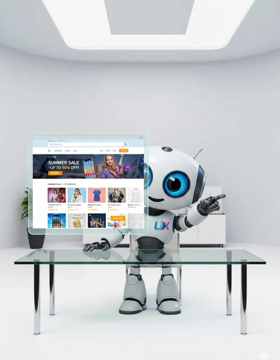 Robot UXWeb mostrando tienda en línea con diseño moderno y funcional