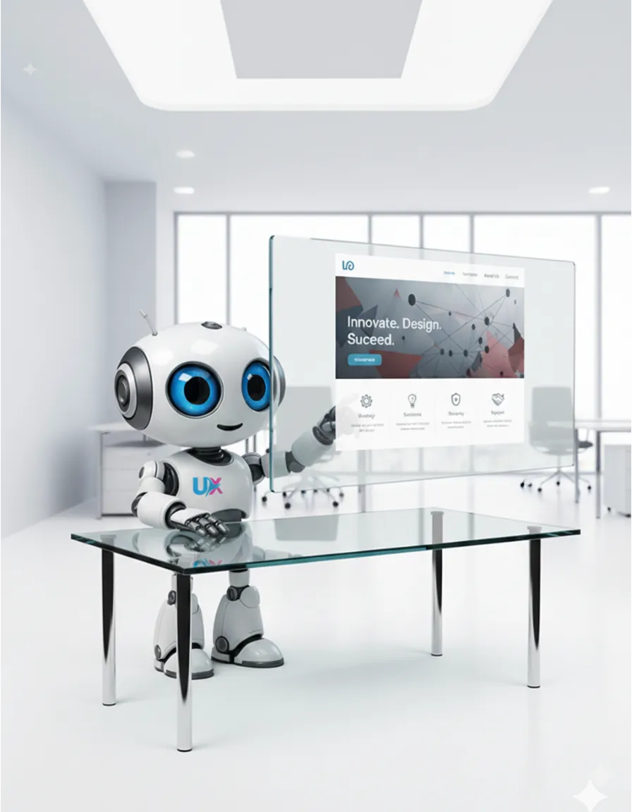 Robot UXWeb mostrando prototipo de sitio web empresarial