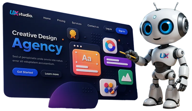 Robot UXWeb señalando pantalla de agencia de diseño creativo