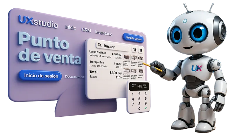 Robot UXWeb mostrando sistema digital de punto de venta e inventario