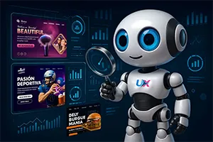 Robot UXWeb analizando sitios web con lupa y métricas digitales