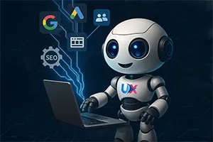 Robot UXWeb frente a laptop con íconos de SEO y publicidad
