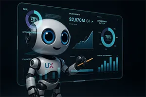 Robot UXWeb mostrando métricas de crecimiento y conversiones