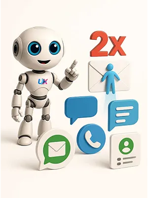 Robot UXWeb con íconos de contacto y comunicación digital