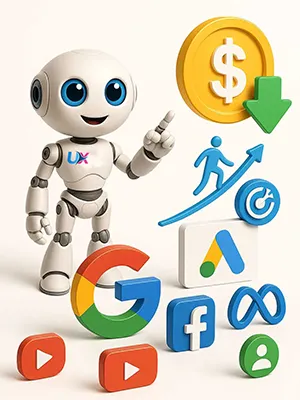 Robot UXWeb con logos de Google, Facebook, YouTube y Meta Ads