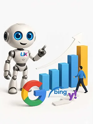 Robot UXWeb con gráficos de SEO en Google, Bing y Yahoo