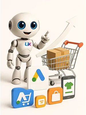 Robot UXWeb con carrito de compras y publicidad digital