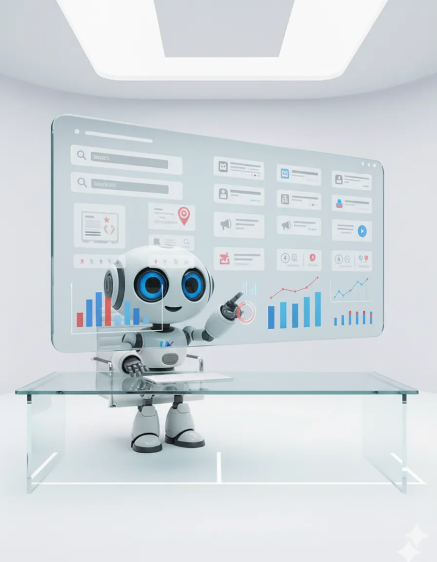 Robot UXWeb analizando métricas de rendimiento en campañas SEM