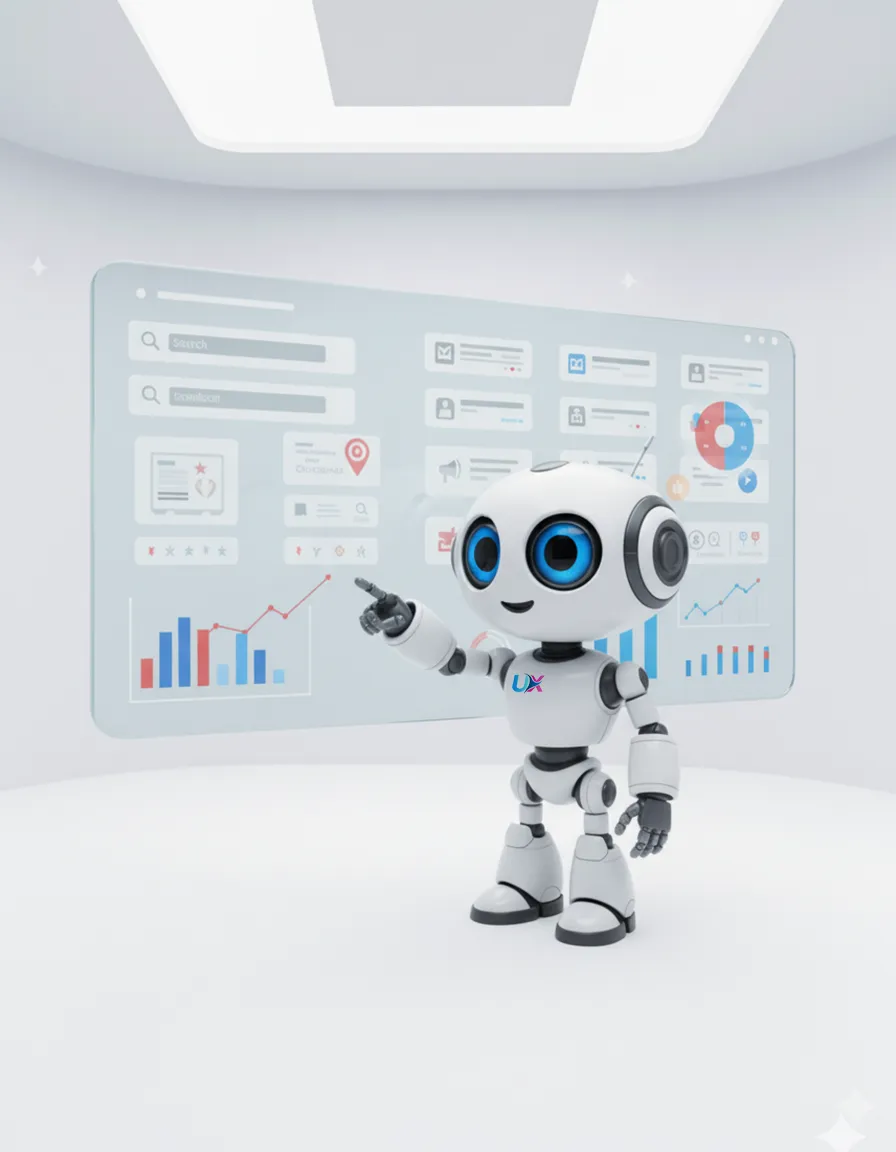 Robot UXWeb mostrando gráficos de resultados en estrategias publicitarias