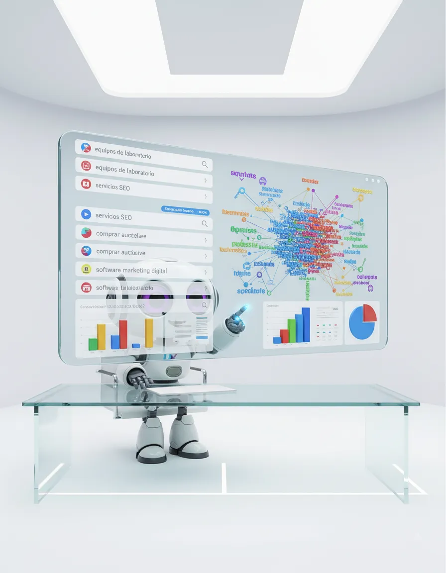 Robot UXWeb investigando palabras clave con mapas semánticos y datos de búsqueda