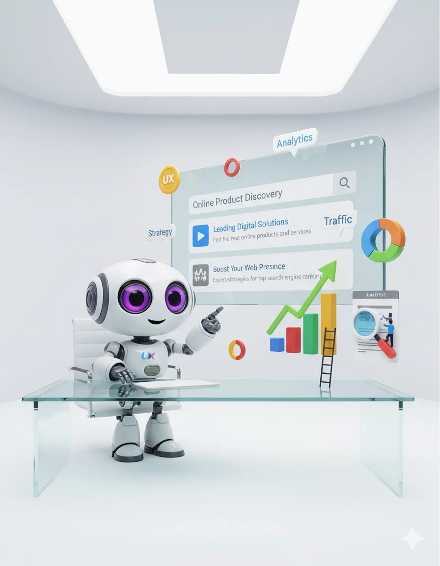 Robot UXWeb analizando posicionamiento web con métricas y analítica digital